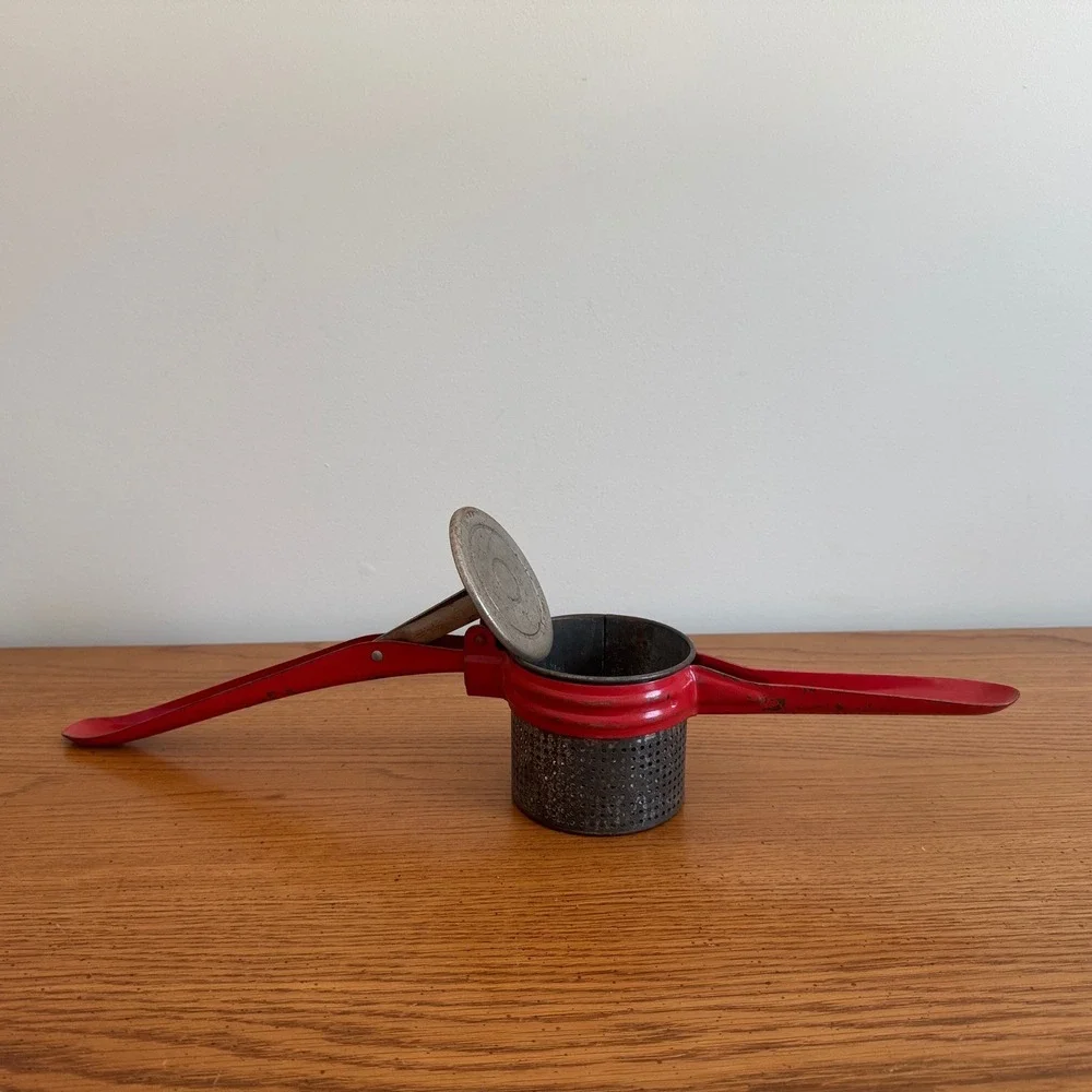 Vintage Red Metal Potato Masher‎ Ricer Kitchen Tool Gadget